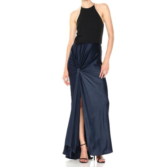 HALSTON HERITAGE
Sleeveless High-Neck Mixed-Media Twist-Drape Evening Gown - Picture 1 of 15